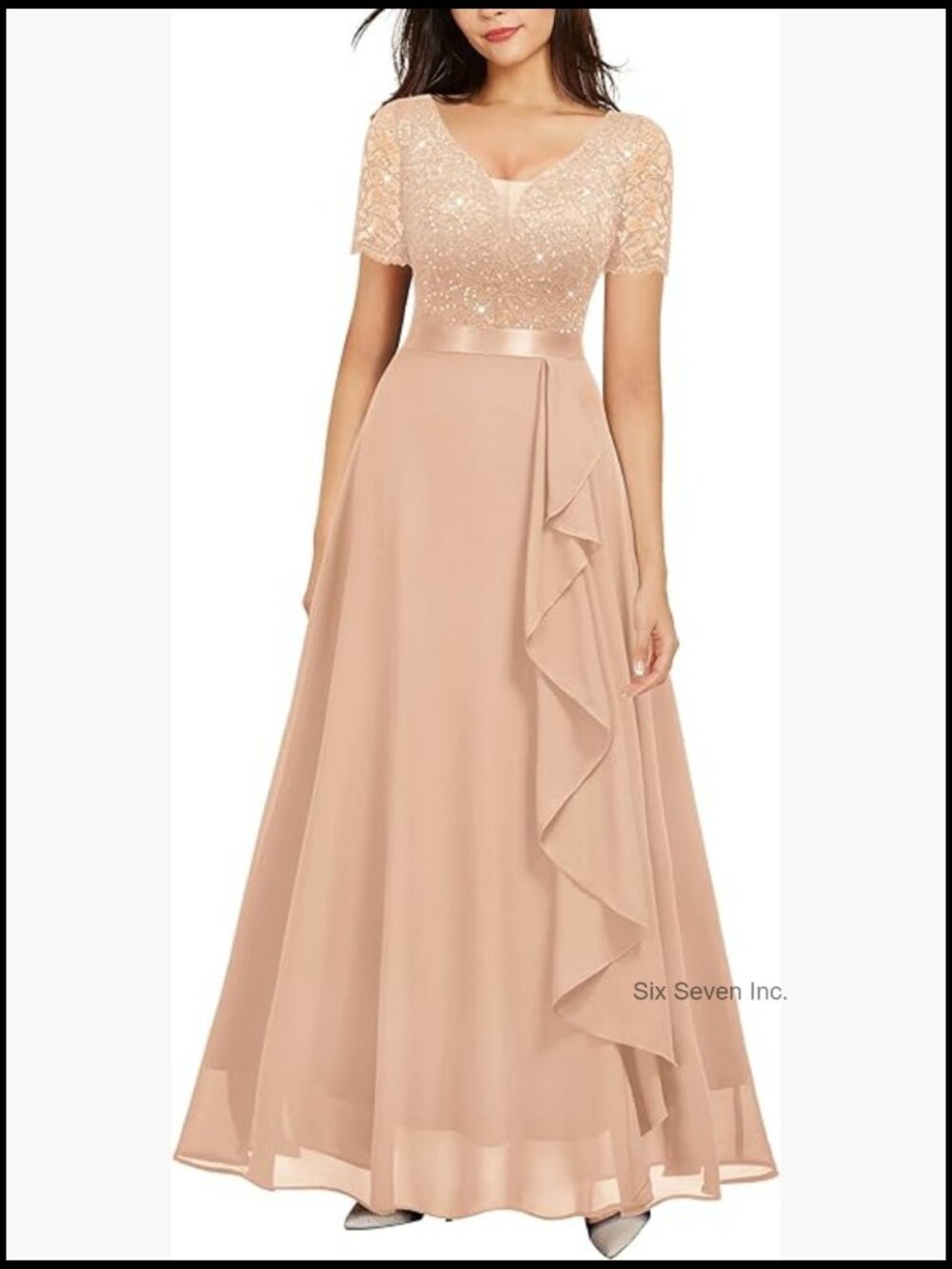 Sequined Floral Lace V-Neck Maxi Dress with Ruffle Hem